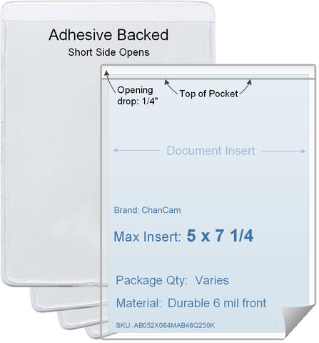 ChanCam vinyl sleeve, open short side, adhesive back, insert size: 5 x 7 1/4, product size: 5 1/4 x 7 1/2, package quantity 100, 4 mil adhesive back / 6 mil clear vinyl front