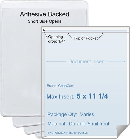 ChanCam vinyl sleeve, open short side, adhesive back, insert size: 5 x 11 1/4, product size: 5 1/4 x 11 1/2, package quantity 100, 4 mil adhesive back / 6 mil clear vinyl front