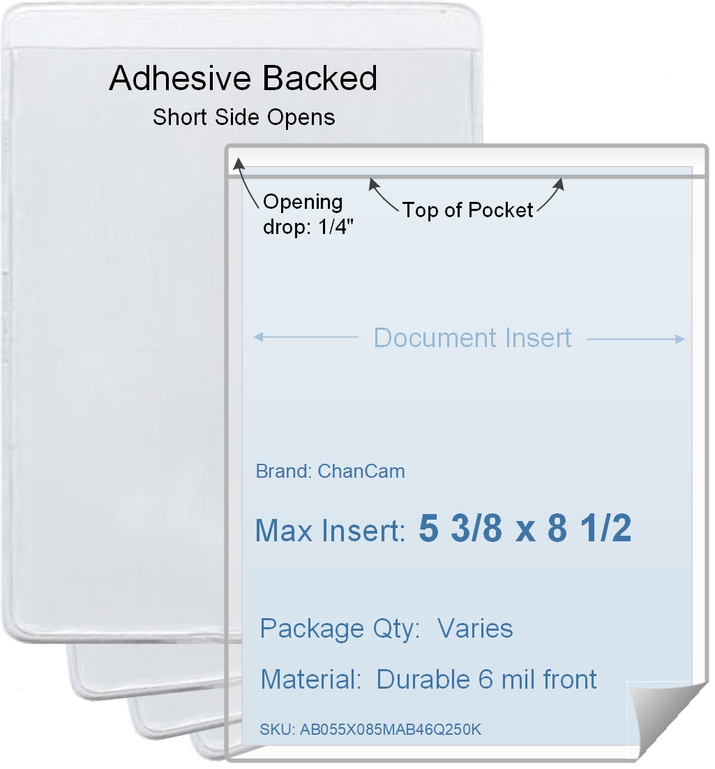 ChanCam vinyl sleeve, open short side, adhesive back, insert size: 5 3/8 x 8 1/2, product size: 5 5/8 x 8 3/4, package quantity 100, 4 mil adhesive back / 6 mil clear vinyl front