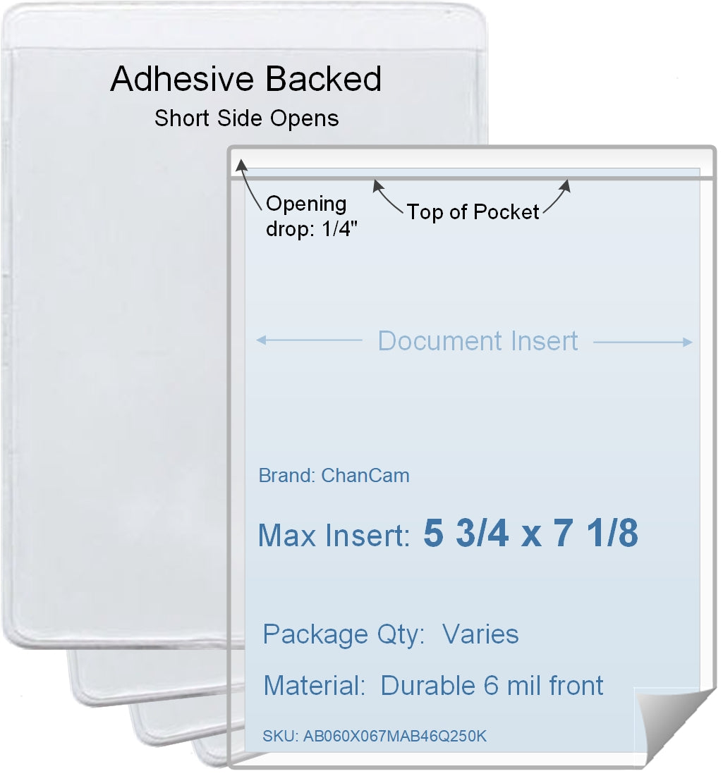 ChanCam vinyl sleeve, open short side, adhesive back, insert size: 5 3/4 x 7 1/8, product size: 6 x 7 3/8, package quantity 100, 4 mil adhesive back / 6 mil clear vinyl front