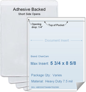 ChanCam vinyl sleeve, open short side, adhesive back, insert size: 5 3/4 x 8 5/8, product size: 6 x 8 7/8, package quantity 100, 4 mil adhesive back / heavy duty 7.5 mil clear vinyl front