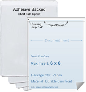 ChanCam vinyl sleeve, open short side, adhesive back, insert size: 6 x 6, product size: 6 1/4 x 6 1/4, package quantity 100, 4 mil adhesive back / 6 mil clear vinyl front