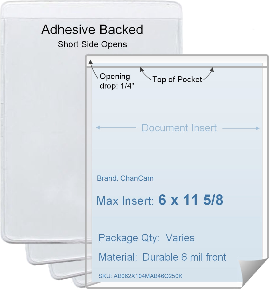 ChanCam vinyl sleeve, open short side, adhesive back, insert size: 6 x 11 5/8, product size: 6 1/4 x 11 7/8, package quantity 100, 4 mil adhesive back / 6 mil clear vinyl front