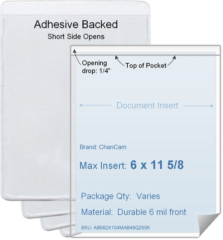 ChanCam vinyl sleeve, open short side, adhesive back, insert size: 6 x 11 5/8, product size: 6 1/4 x 11 7/8, package quantity 100, 4 mil adhesive back / 6 mil clear vinyl front