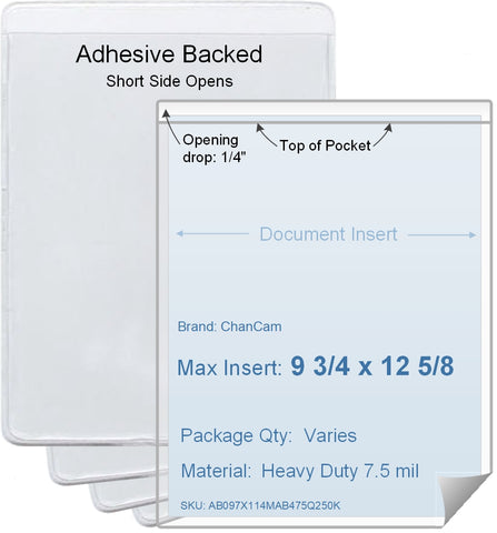 ChanCam vinyl sleeve, open short side, adhesive back, insert size: 9 3/4 x 12 5/8, product size: 10 x 12 7/8, package quantity 100, 4 mil adhesive back / heavy duty 7.5 mil clear vinyl front