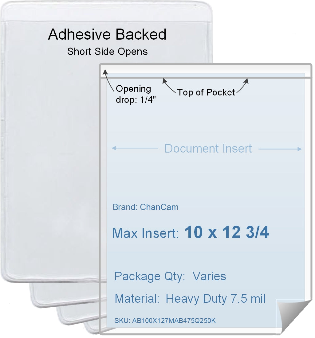 ChanCam vinyl sleeve, open short side, adhesive back, insert size: 10 x 12 3/4, product size: 10 1/4 x 13, package quantity 100, 4 mil adhesive back / heavy duty 7.5 mil clear vinyl front