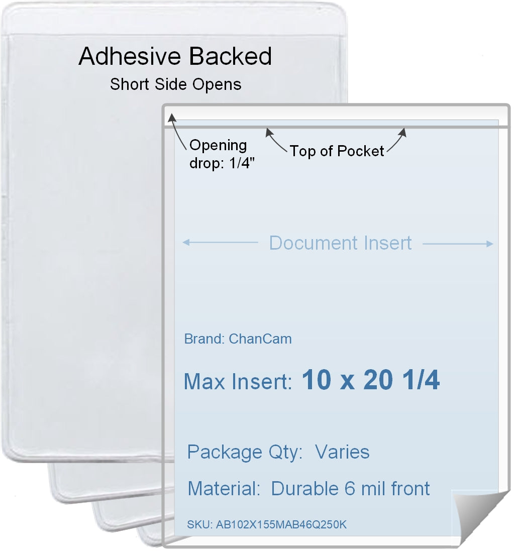 ChanCam vinyl sleeve, open short side, adhesive back, insert size: 10 x 20 1/4, product size: 10 1/4 x 20 1/2, package quantity 100, 4 mil adhesive back / 6 mil clear vinyl front