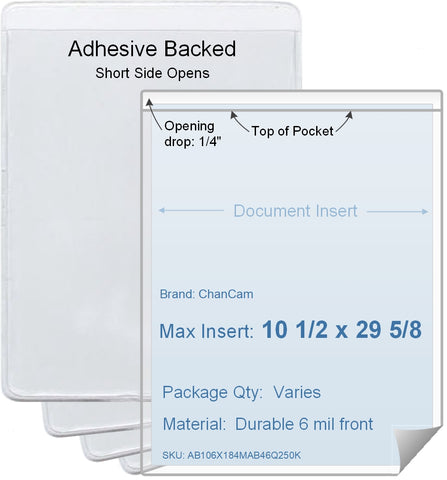 ChanCam vinyl sleeve, open short side, adhesive back, insert size: 10 1/2 x 29 5/8, product size: 10 3/4 x 29 7/8, package quantity 100, 4 mil adhesive back / 6 mil clear vinyl front