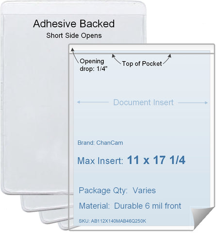 ChanCam vinyl sleeve, open short side, adhesive back, insert size: 11 x 17 1/4, product size: 11 1/4 x 17 1/2, package quantity 100, 4 mil adhesive back / 6 mil clear vinyl front