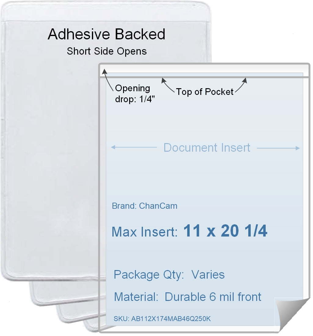 ChanCam vinyl sleeve, open short side, adhesive back, insert size: 11 x 20 1/4, product size: 11 1/4 x 20 1/2, package quantity 100, 4 mil adhesive back / 6 mil clear vinyl front