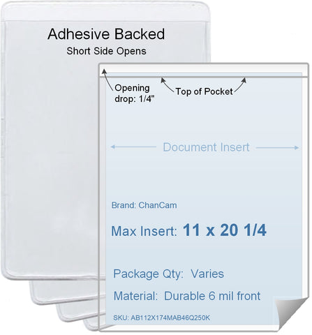 ChanCam vinyl sleeve, open short side, adhesive back, insert size: 11 x 20 1/4, product size: 11 1/4 x 20 1/2, package quantity 100, 4 mil adhesive back / 6 mil clear vinyl front