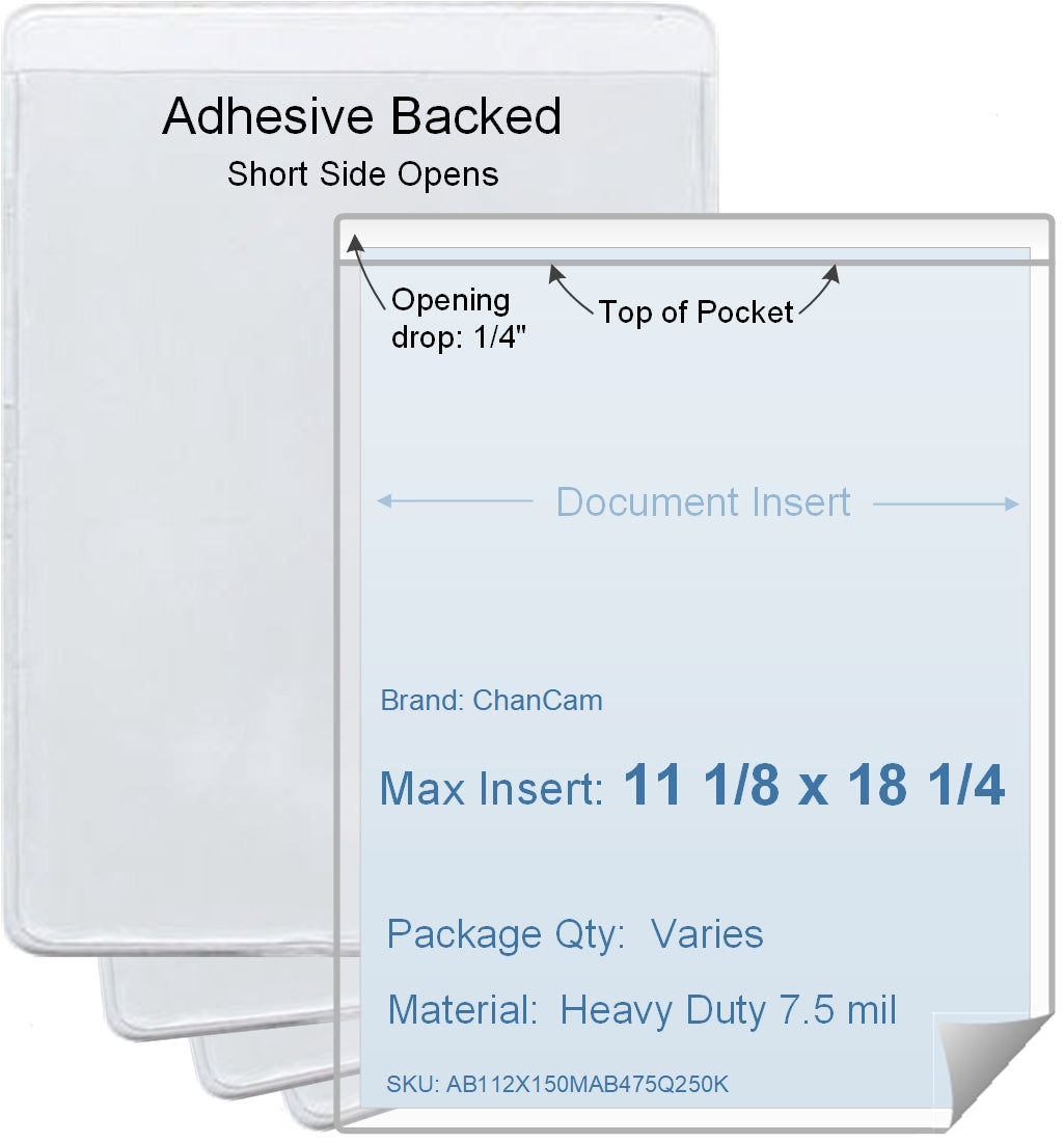 ChanCam vinyl sleeve, open short side, adhesive back, insert size: 11 1/8 x 18 1/4, product size: 11 3/8 x 18 1/2, package quantity 100, 4 mil adhesive back / heavy duty 7.5 mil clear vinyl front