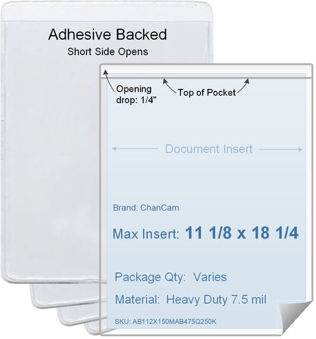 ChanCam vinyl sleeve, open short side, adhesive back, insert size: 11 1/8 x 18 1/4, product size: 11 3/8 x 18 1/2, package quantity 100, 4 mil adhesive back / heavy duty 7.5 mil clear vinyl front