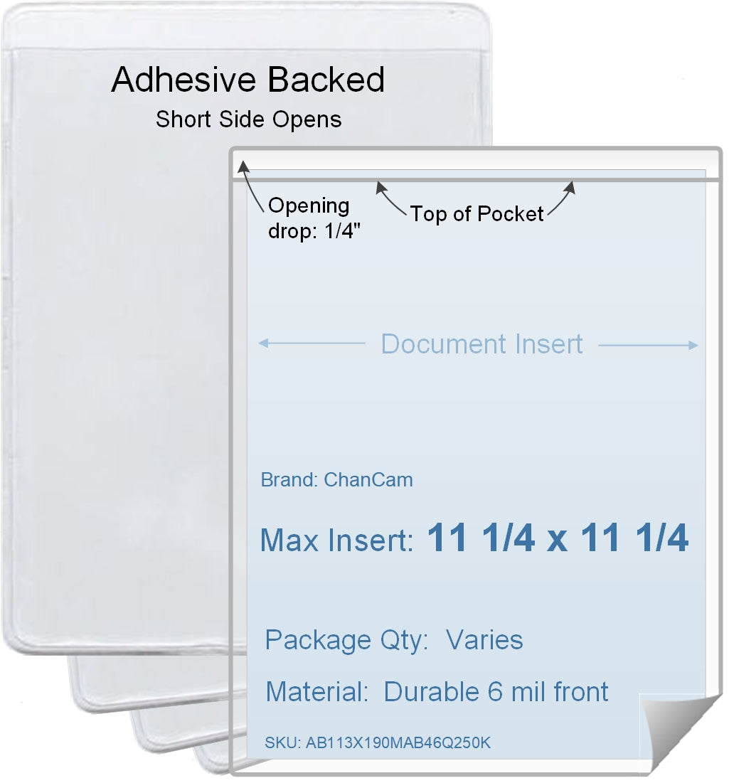 ChanCam vinyl sleeve, open short side, adhesive back, insert size: 11 1/4 x 11 1/4, product size: 11 1/2 x 11 1/2, package quantity 100, 4 mil adhesive back / 6 mil clear vinyl front