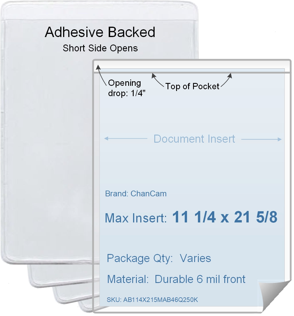 ChanCam vinyl sleeve, open short side, adhesive back, insert size: 11 1/4 x 21 5/8, product size: 11 1/2 x 21 7/8, package quantity 100, 4 mil adhesive back / 6 mil clear vinyl front