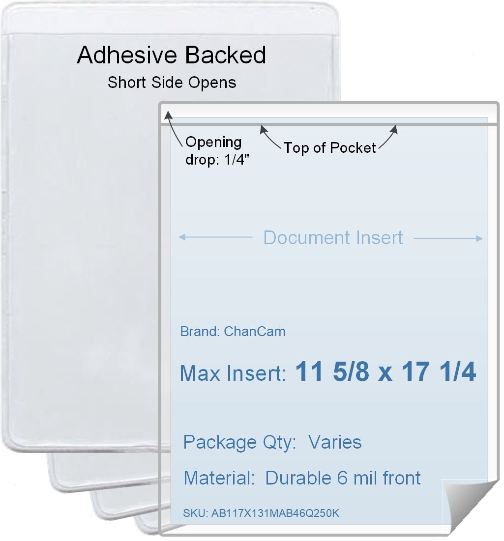 ChanCam vinyl sleeve, open short side, adhesive back, insert size: 11 5/8 x 17 1/4, product size: 11 7/8 x 17 1/2, package quantity 100, 4 mil adhesive back / 6 mil clear vinyl front