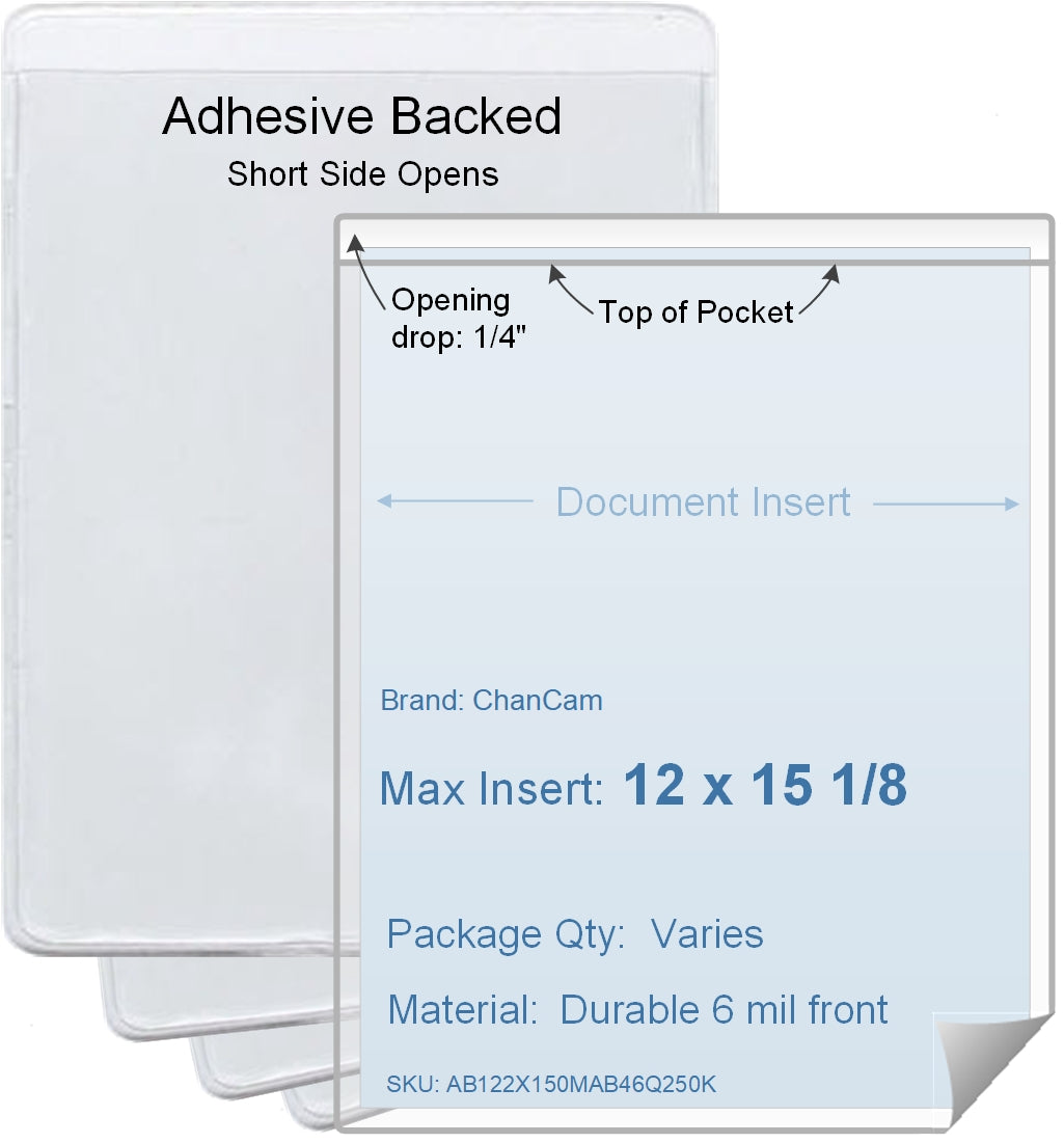 ChanCam vinyl sleeve, open short side, adhesive back, insert size: 12 x 15 1/8, product size: 12 1/4 x 15 3/8, package quantity 100, 4 mil adhesive back / 6 mil clear vinyl front