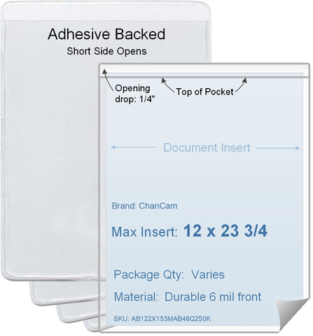 ChanCam vinyl sleeve, open short side, adhesive back, insert size: 12 x 23 3/4, product size: 12 1/4 x 24, package quantity 100, 4 mil adhesive back / 6 mil clear vinyl front