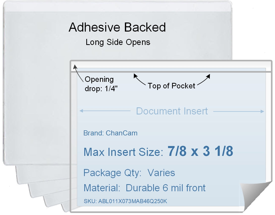 ChanCam vinyl sleeve, open long side, adhesive back, insert size: 3 1/8 x 7/8, product size: 3 3/8 x 1 1/8, package quantity 100, 4 mil adhesive back / 6 mil clear vinyl front