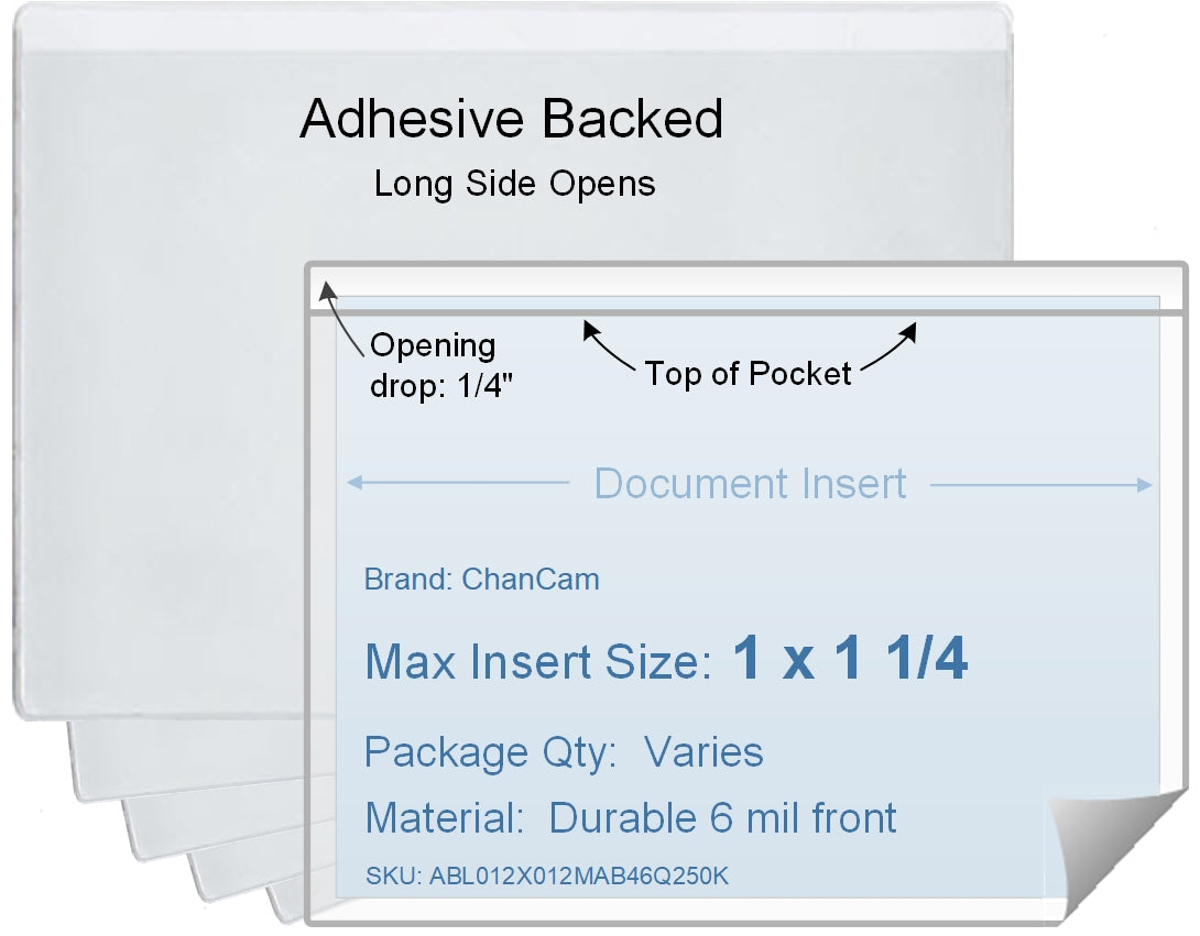 ChanCam vinyl sleeve, open long side, adhesive back, insert size: 1 1/4 x 1, product size: 1 1/2 x 1 1/4, package quantity 100, 4 mil adhesive back / 6 mil clear vinyl front