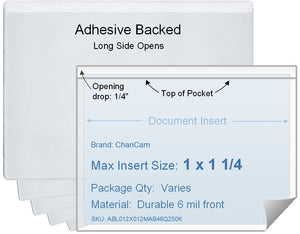 ChanCam vinyl sleeve, open long side, adhesive back, insert size: 1 1/4 x 1, product size: 1 1/2 x 1 1/4, package quantity 100, 4 mil adhesive back / 6 mil clear vinyl front