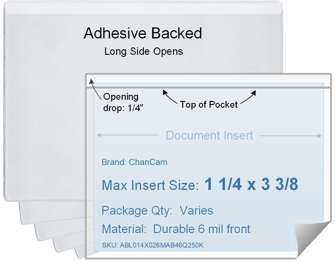 ChanCam vinyl sleeve, open long side, adhesive back, insert size: 3 3/8 x 1 1/4, product size: 3 5/8 x 1 1/2, package quantity 100, 4 mil adhesive back / 6 mil clear vinyl front