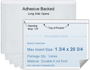 ChanCam vinyl sleeve, open long side, adhesive back, insert size: 20 3/4 x 1 3/4, product size: 21 x 2, package quantity 100, 4 mil adhesive back / 6 mil clear vinyl front