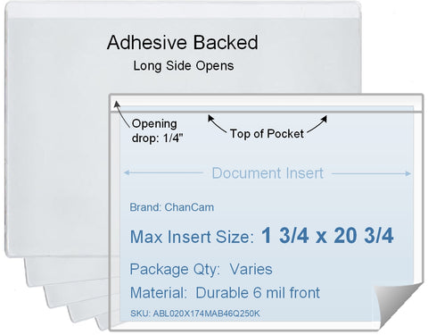 ChanCam vinyl sleeve, open long side, adhesive back, insert size: 20 3/4 x 1 3/4, product size: 21 x 2, package quantity 100, 4 mil adhesive back / 6 mil clear vinyl front