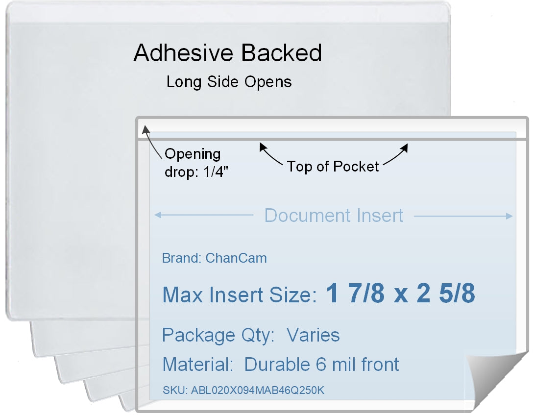 ChanCam vinyl sleeve, open long side, adhesive back, insert size: 2 5/8 x 1 7/8, product size: 2 7/8 x 2 1/8, package quantity 100, 4 mil adhesive back / 6 mil clear vinyl front