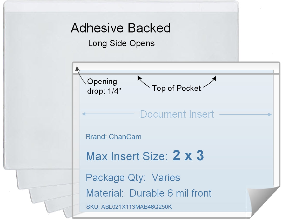 ChanCam vinyl sleeve, open long side, adhesive back, insert size: 3 x 2, product size: 3 1/4 x 2 1/4, package quantity 100, 4 mil adhesive back / 6 mil clear vinyl front