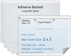 ChanCam vinyl sleeve, open long side, adhesive back, insert size: 3 x 2, product size: 3 1/4 x 2 1/4, package quantity 100, 4 mil adhesive back / 6 mil clear vinyl front