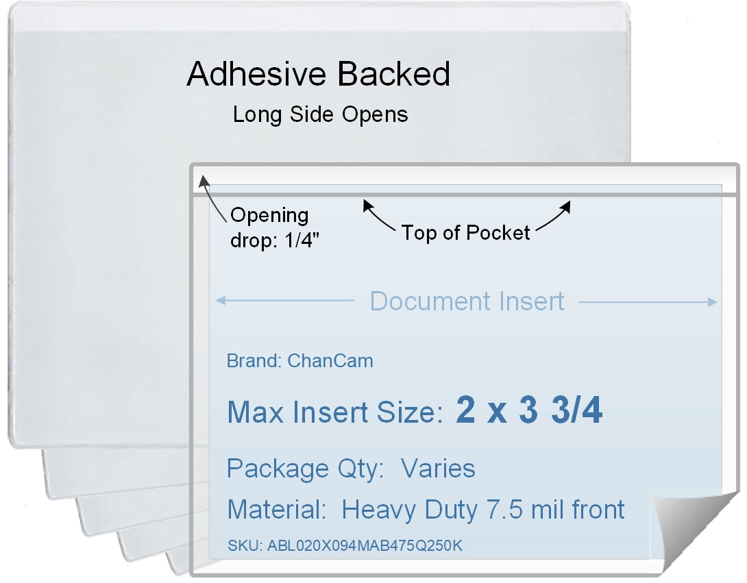 ChanCam vinyl sleeve, open long side, adhesive back, insert size: 3 3/4 x 2, product size: 4 x 2 1/4, package quantity 100, 4 mil adhesive back / heavy duty 7.5 mil clear vinyl front