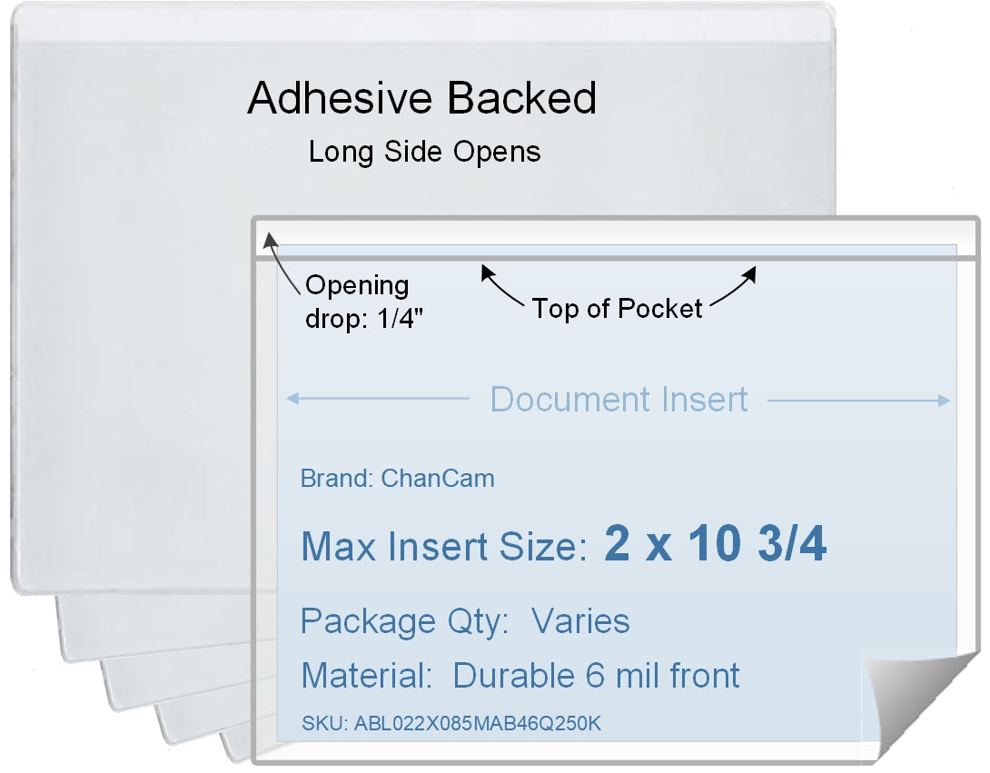 ChanCam vinyl sleeve, open long side, adhesive back, insert size: 10 3/4 x 2, product size: 11 x 2 1/4, package quantity 100, 4 mil adhesive back / 6 mil clear vinyl front