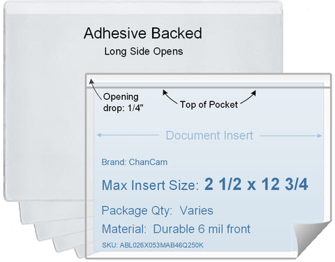 ChanCam vinyl sleeve, open long side, adhesive back, insert size: 12 3/4 x 2 1/2, product size: 13 x 2 3/4, package quantity 100, 4 mil adhesive back / 6 mil clear vinyl front