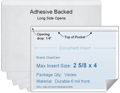 ChanCam vinyl sleeve, open long side, adhesive back, insert size: 4 x 2 5/8, product size: 4 1/4 x 2 7/8, package quantity 100, 4 mil adhesive back / 6 mil clear vinyl front