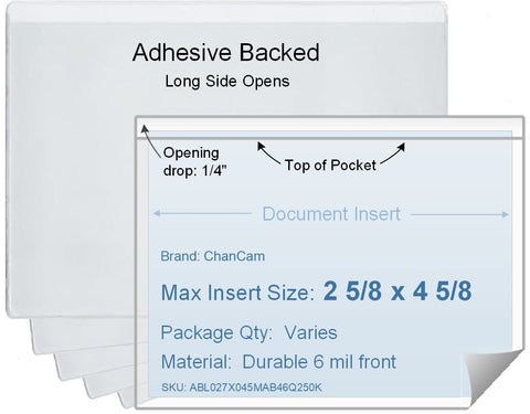 ChanCam vinyl sleeve, open long side, adhesive back, insert size: 4 5/8 x 2 5/8, product size: 4 7/8 x 2 7/8, package quantity 100, 4 mil adhesive back / 6 mil clear vinyl front