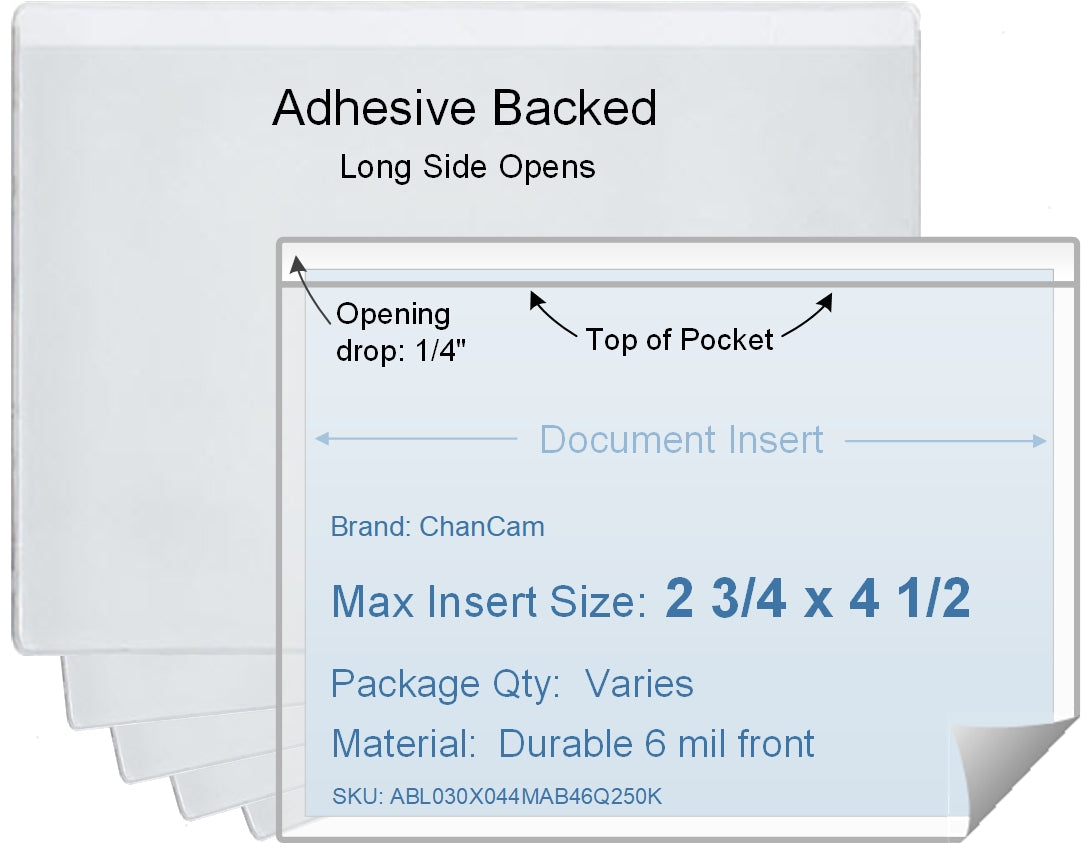 ChanCam vinyl sleeve, open long side, adhesive back, insert size: 4 1/2 x 2 3/4, product size: 4 3/4 x 3, package quantity 100, 4 mil adhesive back / 6 mil clear vinyl front