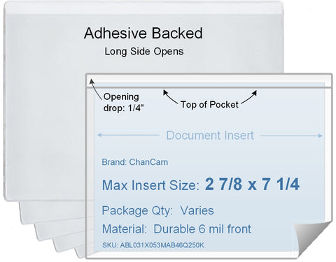 ChanCam vinyl sleeve, open long side, adhesive back, insert size: 7 1/4 x 2 7/8, product size: 7 1/2 x 3 1/8, package quantity 100, 4 mil adhesive back / 6 mil clear vinyl front