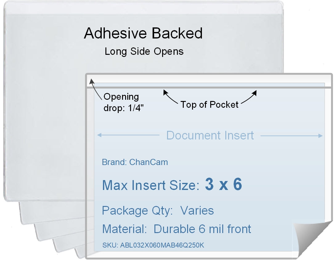 ChanCam vinyl sleeve, open long side, adhesive back, insert size: 6 x 3, product size: 6 1/4 x 3 1/4, package quantity 100, 4 mil adhesive back / 6 mil clear vinyl front