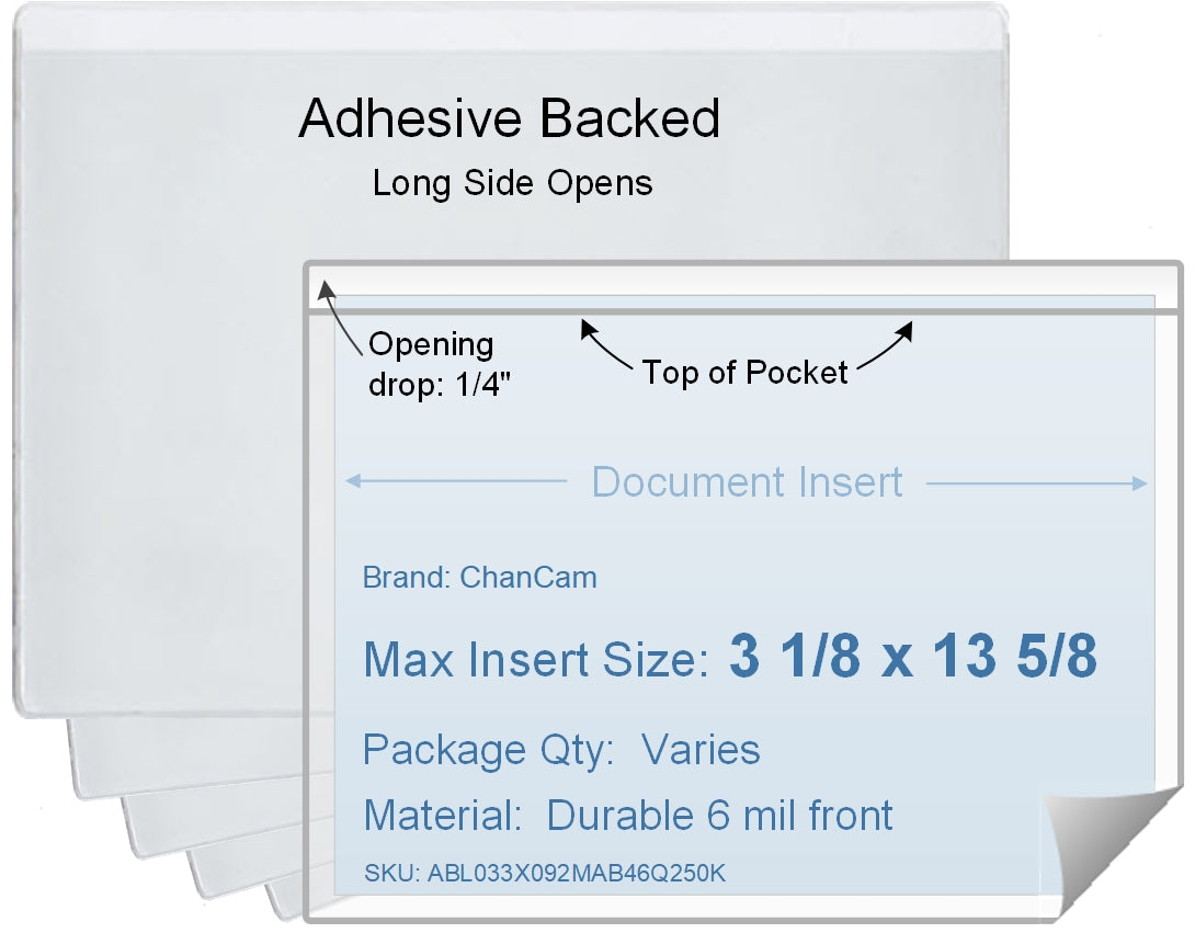 ChanCam vinyl sleeve, open long side, adhesive back, insert size: 13 5/8 x 3 1/8, product size: 13 7/8 x 3 3/8, package quantity 100, 4 mil adhesive back / 6 mil clear vinyl front