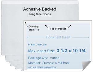 ChanCam vinyl sleeve, open long side, adhesive back, insert size: 10 1/4 x 3 1/2, product size: 10 1/2 x 3 3/4, package quantity 100, 4 mil adhesive back / 6 mil clear vinyl front