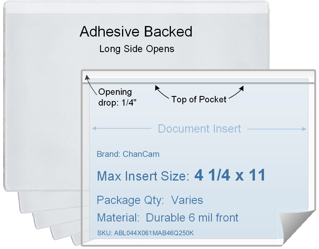 ChanCam vinyl sleeve, open long side, adhesive back, insert size: 11 x 4 1/4, product size: 11 1/4 x 4 1/2, package quantity 100, 4 mil adhesive back / 6 mil clear vinyl front