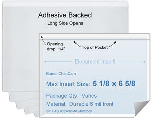 ChanCam vinyl sleeve, open long side, adhesive back, insert size: 6 5/8 x 5 1/8, product size: 6 7/8 x 5 3/8, package quantity 100, 4 mil adhesive back / 6 mil clear vinyl front