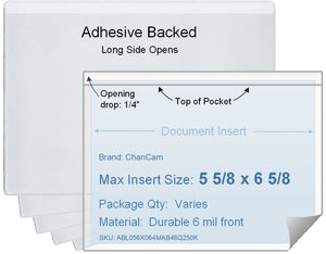 ChanCam vinyl sleeve, open long side, adhesive back, insert size: 6 5/8 x 5 5/8, product size: 6 7/8 x 5 7/8, package quantity 100, 4 mil adhesive back / 6 mil clear vinyl front