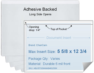 ChanCam vinyl sleeve, open long side, adhesive back, insert size: 12 3/4 x 5 5/8, product size: 13 x 5 7/8, package quantity 100, 4 mil adhesive back / 6 mil clear vinyl front