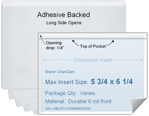 ChanCam vinyl sleeve, open long side, adhesive back, insert size: 6 1/4 x 5 3/4, product size: 6 1/2 x 6, package quantity 100, 4 mil adhesive back / 6 mil clear vinyl front