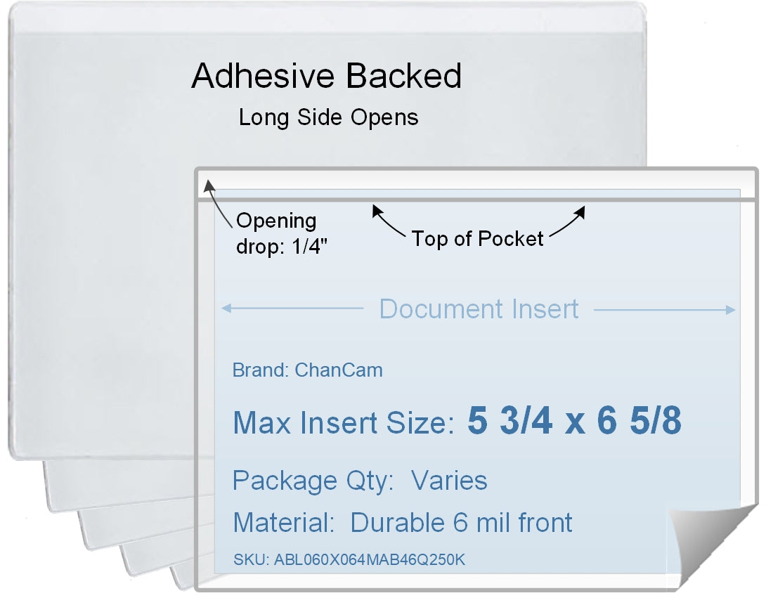 ChanCam vinyl sleeve, open long side, adhesive back, insert size: 6 5/8 x 5 3/4, product size: 6 7/8 x 6, package quantity 100, 4 mil adhesive back / 6 mil clear vinyl front