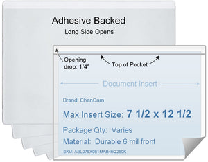 ChanCam vinyl sleeve, open long side, adhesive back, insert size: 12 1/2 x 7 1/2, product size: 12 3/4 x 7 3/4, package quantity 100, 4 mil adhesive back / 6 mil clear vinyl front