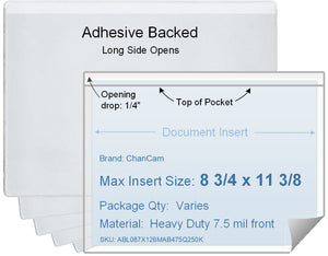 ChanCam vinyl sleeve, open long side, adhesive back, insert size: 11 3/8 x 8 3/4, product size: 11 5/8 x 9, package quantity 100, 4 mil adhesive back / heavy duty 7.5 mil clear vinyl front