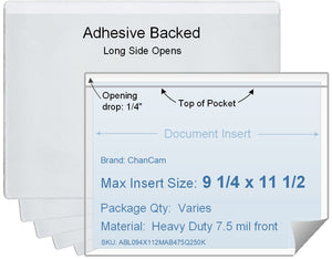 ChanCam vinyl sleeve, open long side, adhesive back, insert size: 11 1/2 x 9 1/4, product size: 11 3/4 x 9 1/2, package quantity 100, 4 mil adhesive back / heavy duty 7.5 mil clear vinyl front